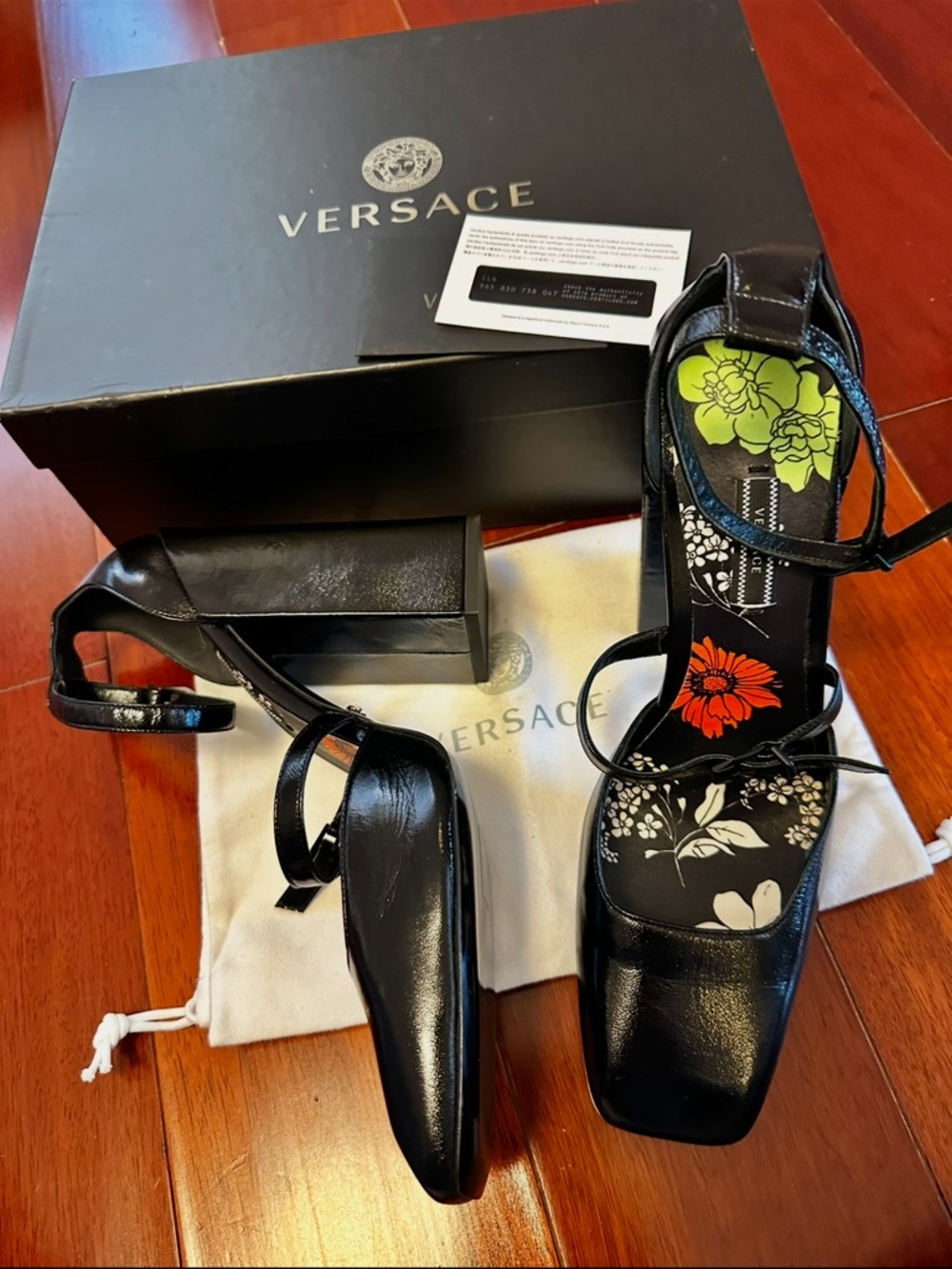 Versace Black Leather Ankle-Strap Heels with Floral Insole